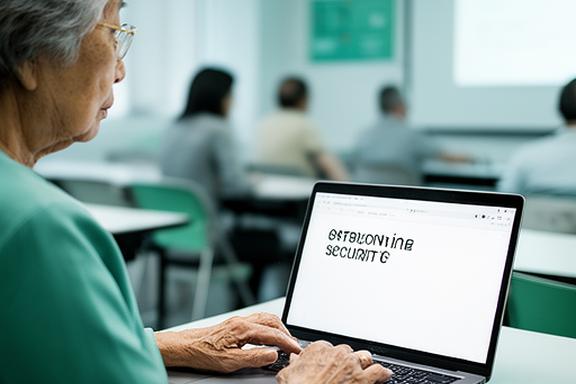 Senior Singaporean woman learning online security on a laptop in a brightly lit classroom at Third Avenue