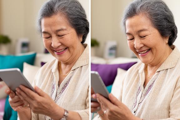 Senior Singaporean woman smiling while learning online shopping on a tablet in a cosy home setting